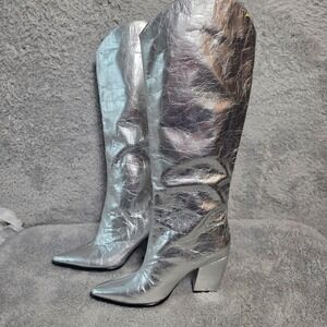 Steve Madden Silver Crinkle Metallic Knee High Boots Pointed Toe Womens 8.5 NEW